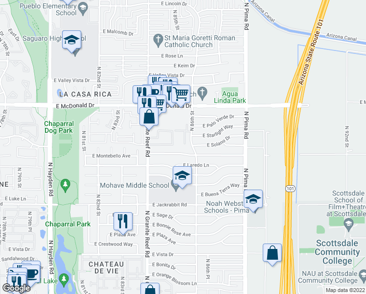 map of restaurants, bars, coffee shops, grocery stores, and more near 8514 East Montebello Avenue in Scottsdale