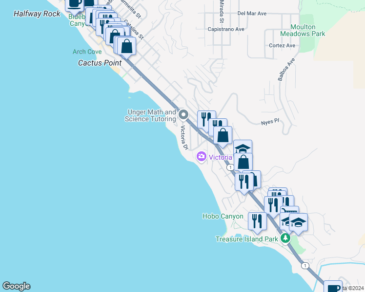 map of restaurants, bars, coffee shops, grocery stores, and more near 2677 Victoria Drive in Laguna Beach