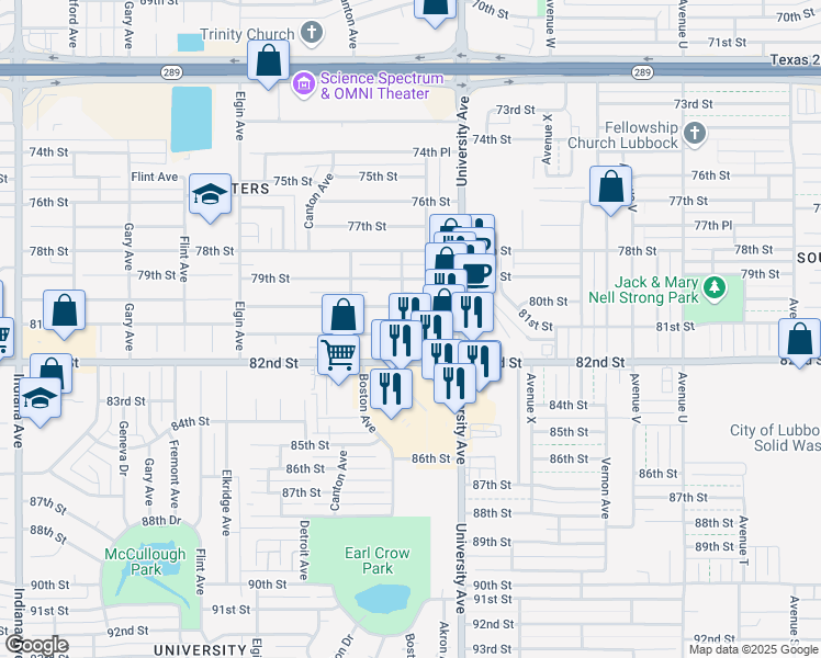 map of restaurants, bars, coffee shops, grocery stores, and more near 2518B 81st Street in Lubbock