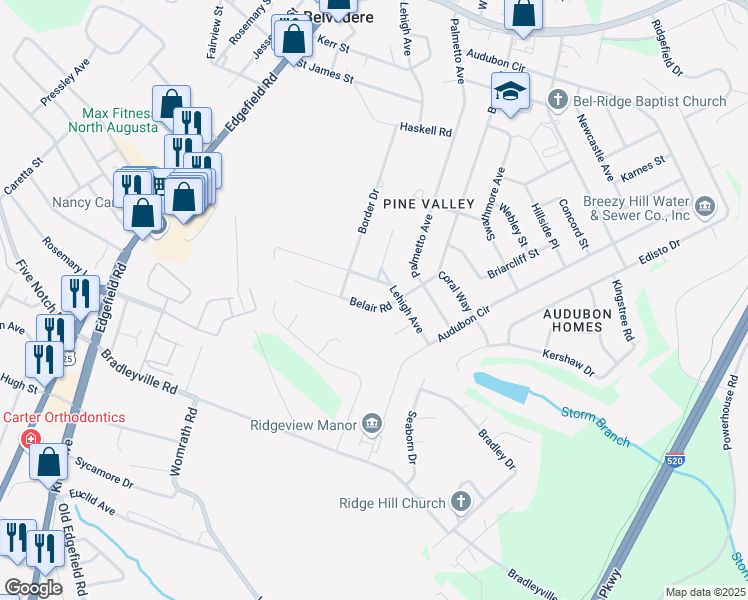 map of restaurants, bars, coffee shops, grocery stores, and more near 313 Belair Road in North Augusta