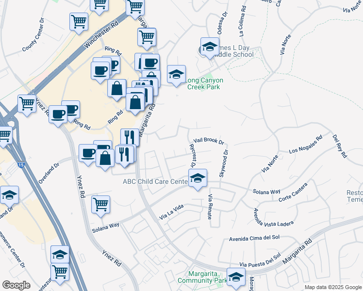 map of restaurants, bars, coffee shops, grocery stores, and more near 41843 Marwood Circle in Temecula
