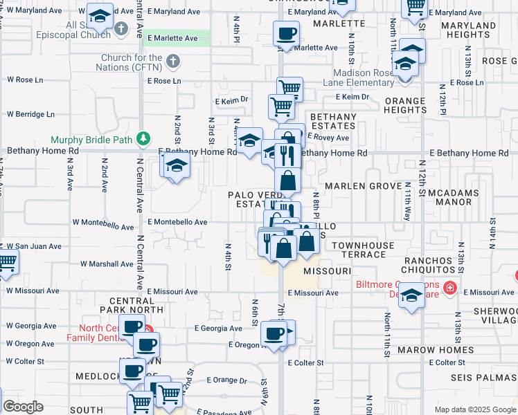 map of restaurants, bars, coffee shops, grocery stores, and more near 610 East Montebello Avenue in Phoenix