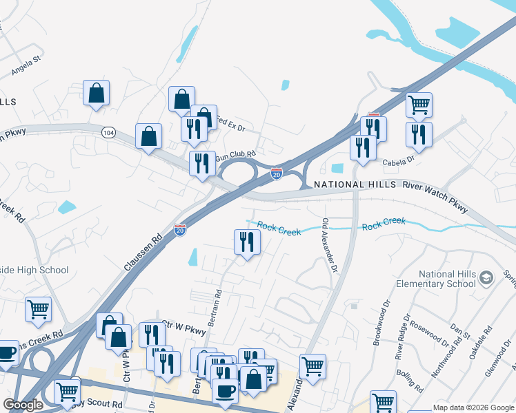 map of restaurants, bars, coffee shops, grocery stores, and more near 2205 Bridgeton Road in Augusta