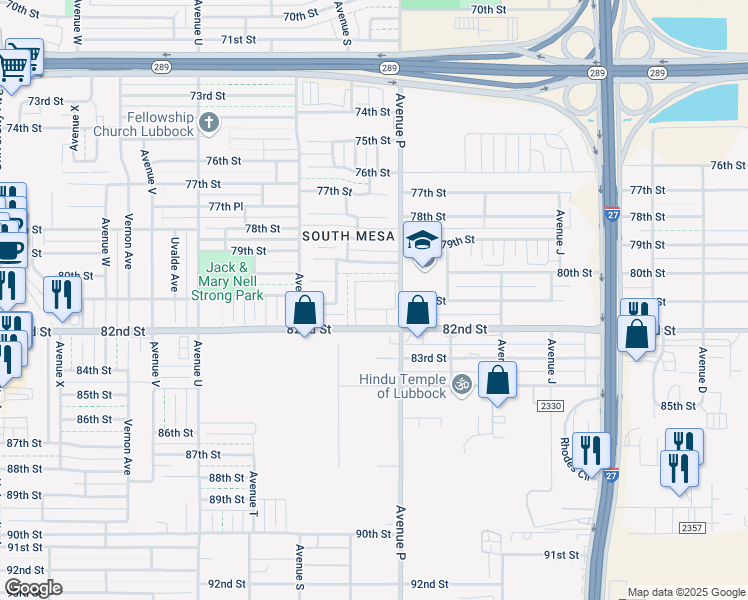 map of restaurants, bars, coffee shops, grocery stores, and more near 1606 82nd Street in Lubbock
