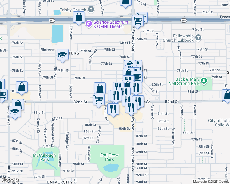 map of restaurants, bars, coffee shops, grocery stores, and more near 2518B 81st Street in Lubbock
