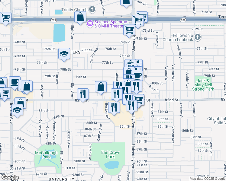 map of restaurants, bars, coffee shops, grocery stores, and more near 2612a 81st Street in Lubbock