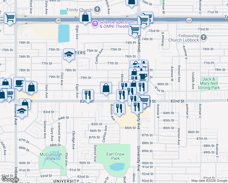map of restaurants, bars, coffee shops, grocery stores, and more near 2612a 81st Street in Lubbock