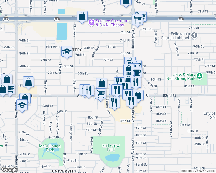 map of restaurants, bars, coffee shops, grocery stores, and more near 2612a 81st Street in Lubbock