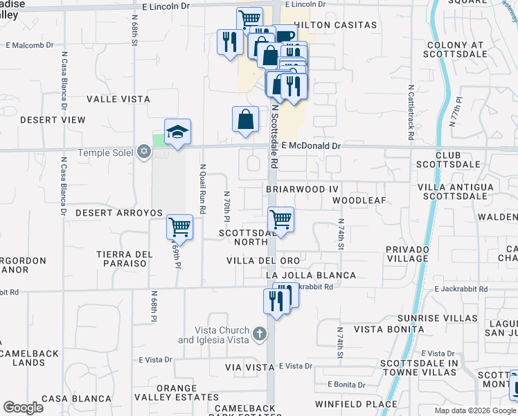 map of restaurants, bars, coffee shops, grocery stores, and more near 5734 North Scottsdale Road in Paradise Valley