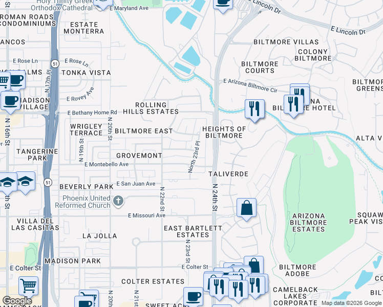 map of restaurants, bars, coffee shops, grocery stores, and more near 2238 East Montebello Avenue in Phoenix