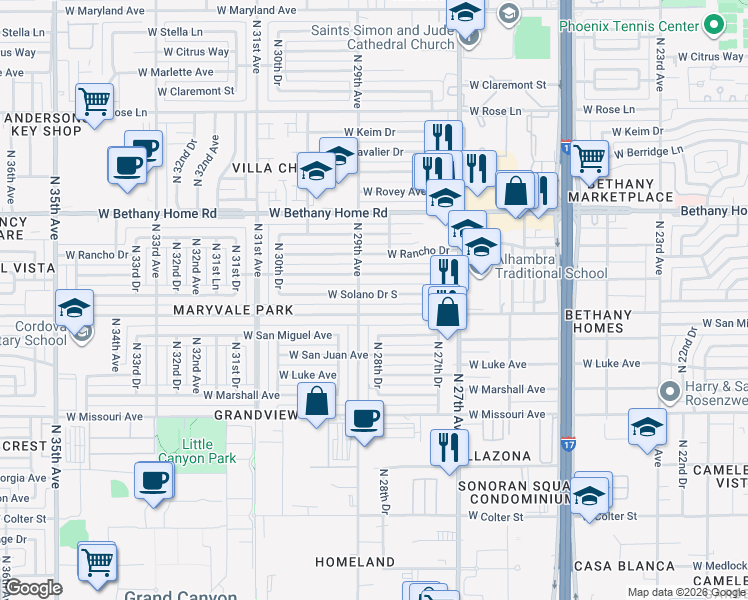 map of restaurants, bars, coffee shops, grocery stores, and more near 2836 West Montebello Avenue in Phoenix