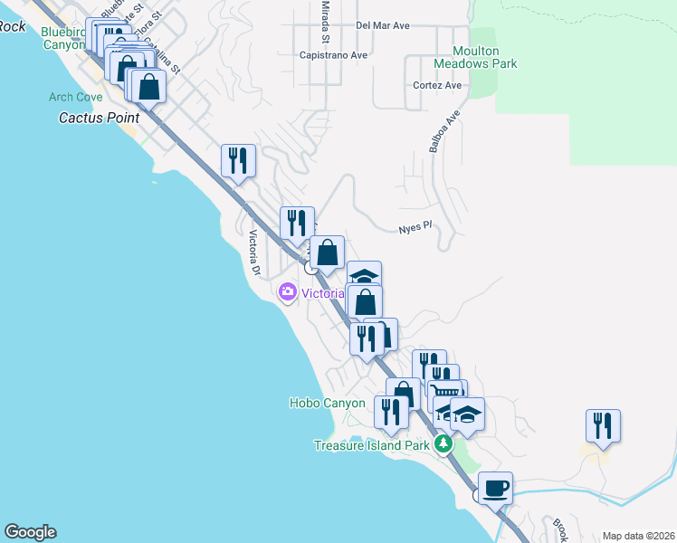 map of restaurants, bars, coffee shops, grocery stores, and more near 2965 Terry Road in Laguna Beach