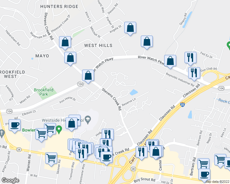 map of restaurants, bars, coffee shops, grocery stores, and more near 950 Stevens Creek Road in Augusta