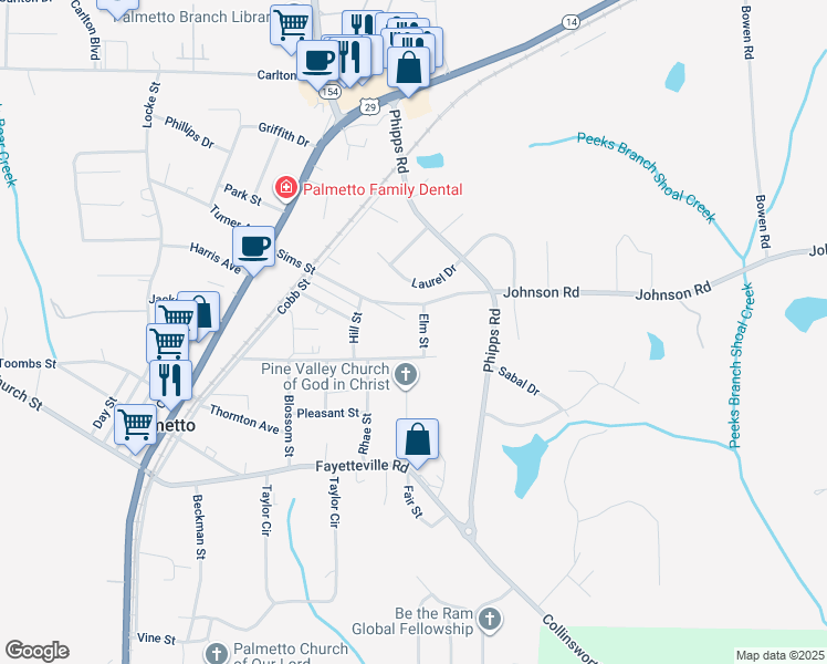 map of restaurants, bars, coffee shops, grocery stores, and more near 224 Spring Street in Palmetto