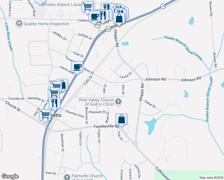 map of restaurants, bars, coffee shops, grocery stores, and more near 203 Hill Street in Palmetto