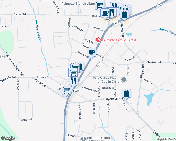 map of restaurants, bars, coffee shops, grocery stores, and more near 202 Spring Street in Palmetto