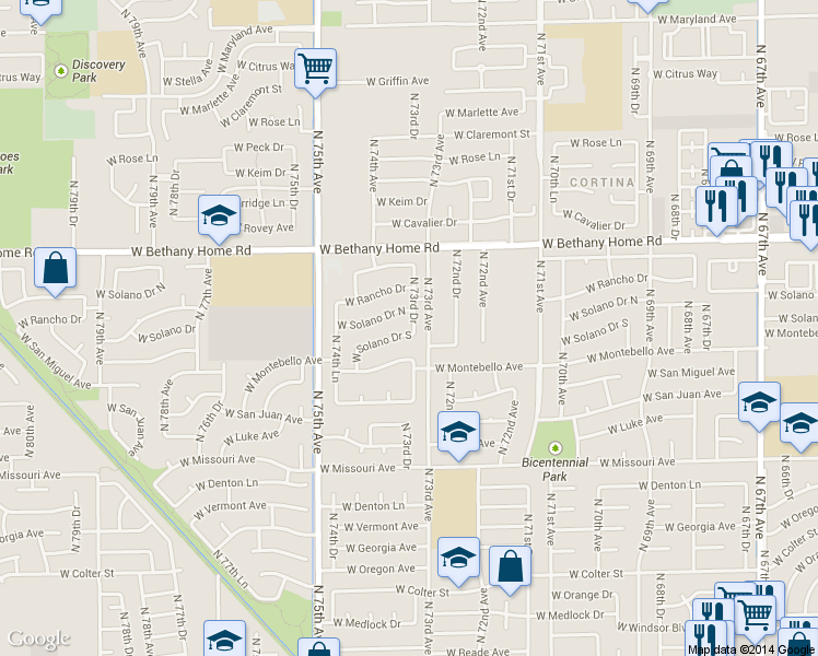 map of restaurants, bars, coffee shops, grocery stores, and more near 7356 West Solano Drive in Glendale