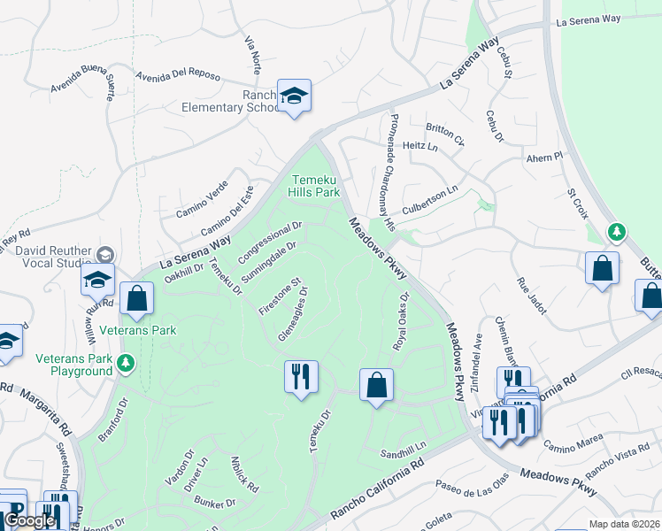 map of restaurants, bars, coffee shops, grocery stores, and more near 31539 Sunningdale Drive in Temecula