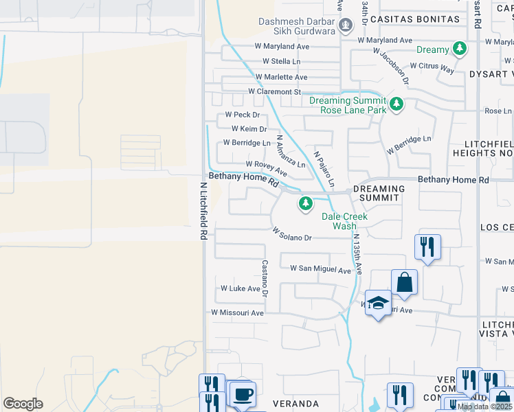 map of restaurants, bars, coffee shops, grocery stores, and more near 5825 Castano Court in Litchfield Park