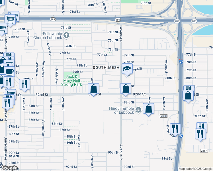 map of restaurants, bars, coffee shops, grocery stores, and more near 1606 82nd Street in Lubbock
