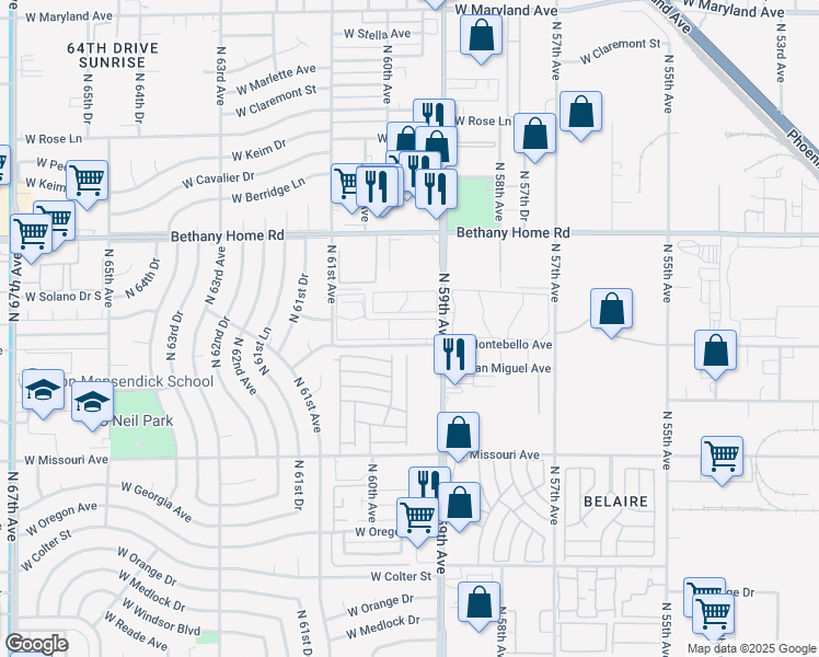 map of restaurants, bars, coffee shops, grocery stores, and more near 5740 North 59th Avenue in Glendale