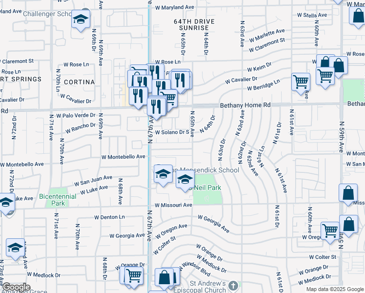 map of restaurants, bars, coffee shops, grocery stores, and more near 6524 West Montebello Avenue in Glendale