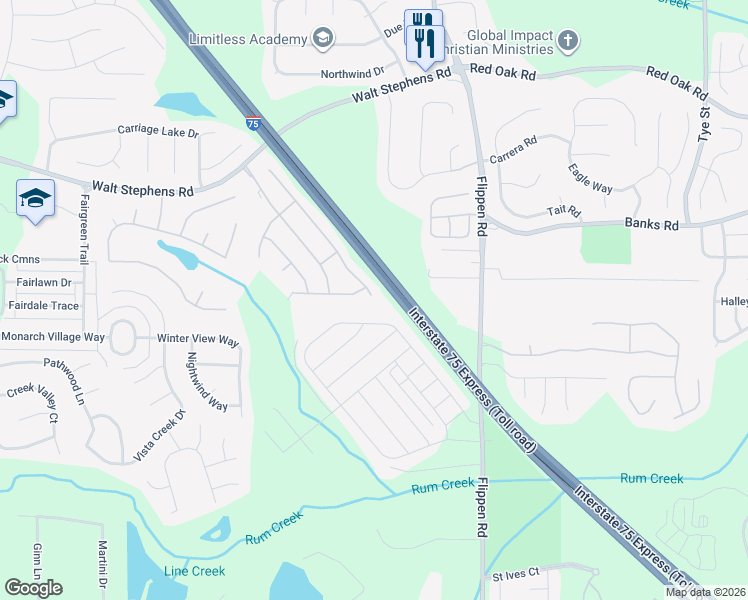 map of restaurants, bars, coffee shops, grocery stores, and more near 1401 Buckingham Place in Stockbridge