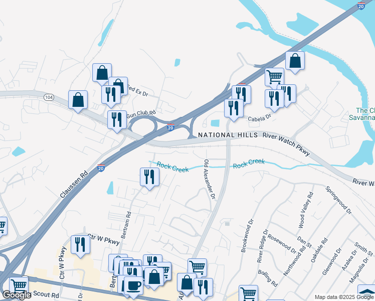map of restaurants, bars, coffee shops, grocery stores, and more near 2251 Bridgeton Road in Augusta