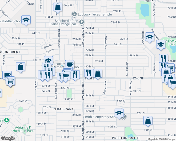 map of restaurants, bars, coffee shops, grocery stores, and more near 5705 81st Street in Lubbock
