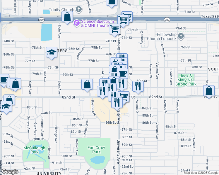 map of restaurants, bars, coffee shops, grocery stores, and more near 8102 University Avenue in Lubbock