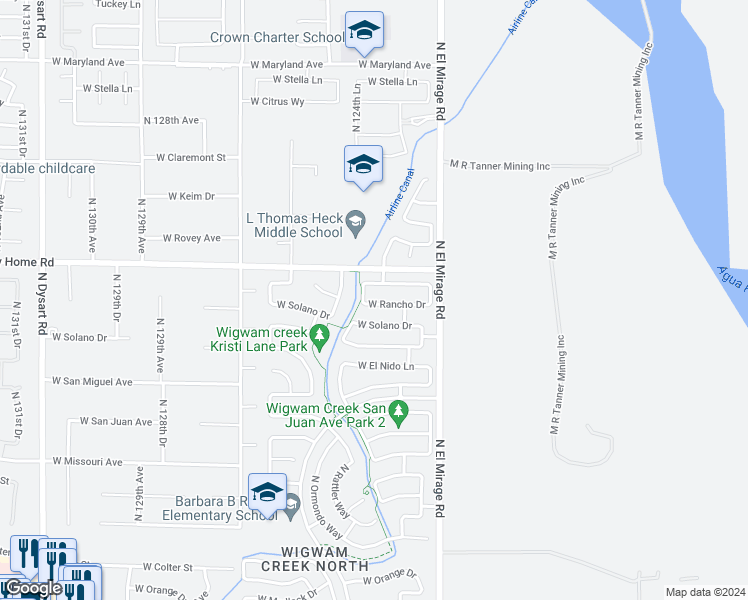 map of restaurants, bars, coffee shops, grocery stores, and more near 12434 West Rancho Drive in Litchfield Park