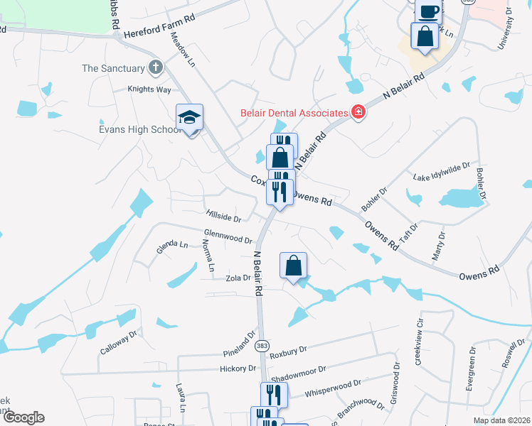 map of restaurants, bars, coffee shops, grocery stores, and more near 254 North Belair Road in Evans