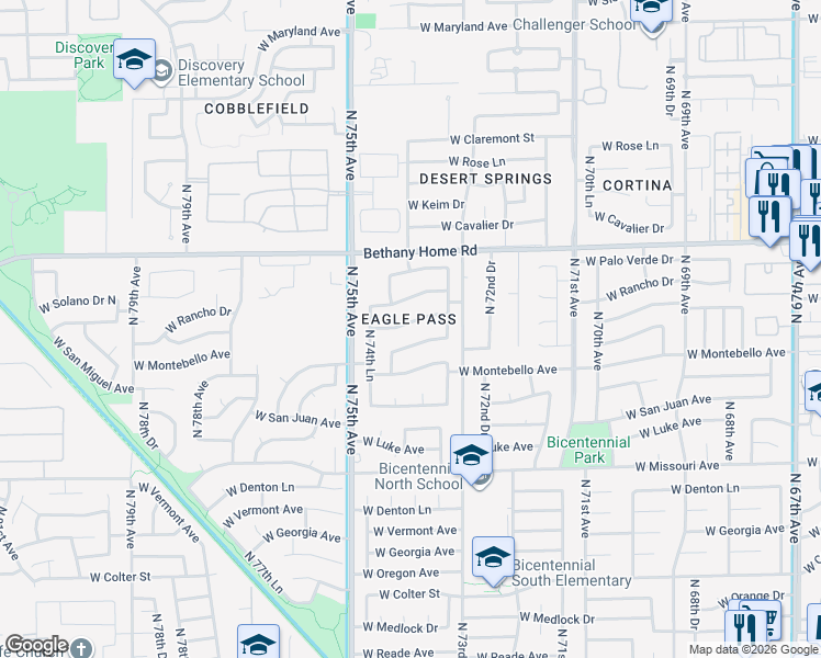 map of restaurants, bars, coffee shops, grocery stores, and more near 7391 West Solano Drive South in Glendale