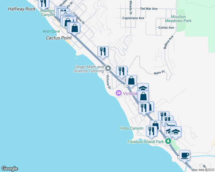 map of restaurants, bars, coffee shops, grocery stores, and more near 2677 Victoria Drive in Laguna Beach