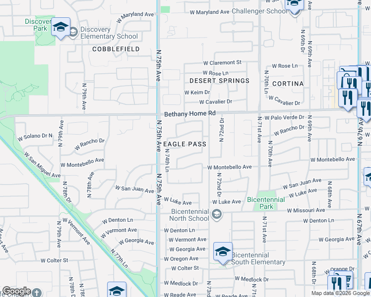 map of restaurants, bars, coffee shops, grocery stores, and more near 7391 West Solano Drive South in Glendale