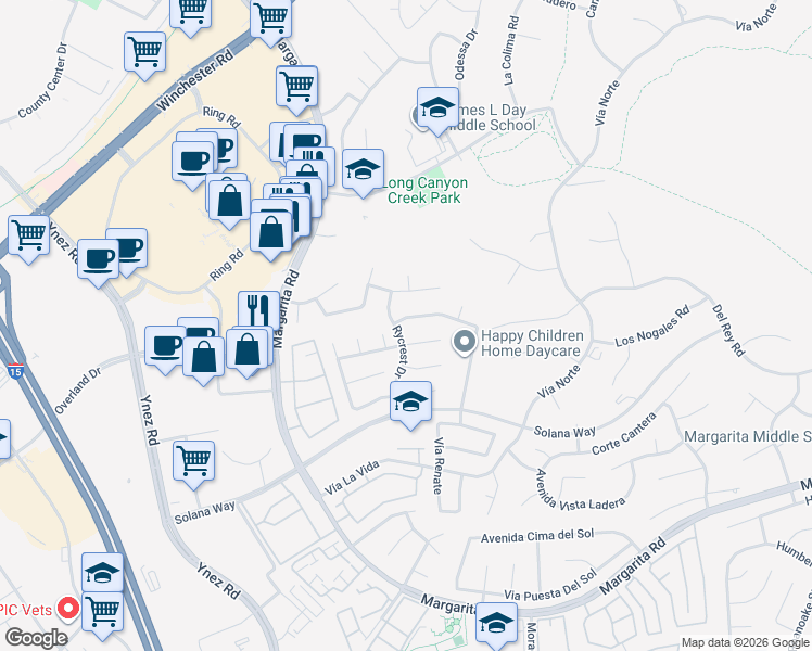 map of restaurants, bars, coffee shops, grocery stores, and more near 29699 Vail Brook Drive in Temecula