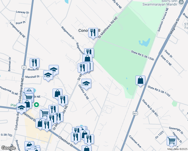 map of restaurants, bars, coffee shops, grocery stores, and more near 1222 Brickle Street in Orangeburg
