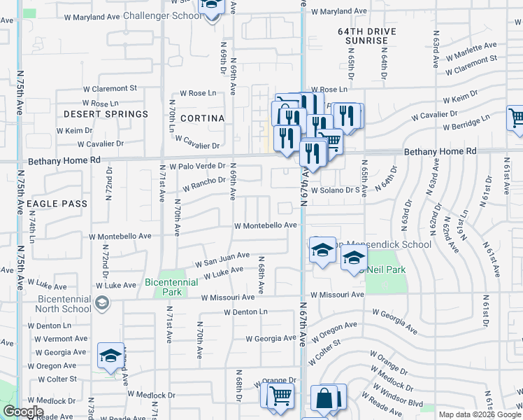 map of restaurants, bars, coffee shops, grocery stores, and more near 5712 North 68th Avenue in Glendale