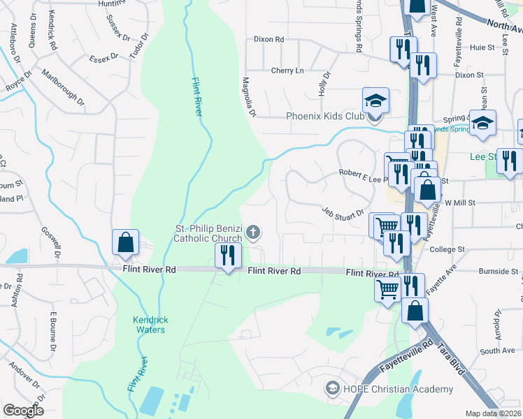 map of restaurants, bars, coffee shops, grocery stores, and more near 8585 Kaden Drive in Jonesboro