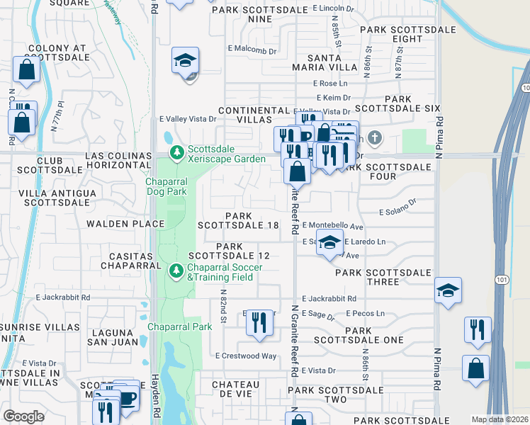 map of restaurants, bars, coffee shops, grocery stores, and more near 8314 East Montebello Avenue in Scottsdale