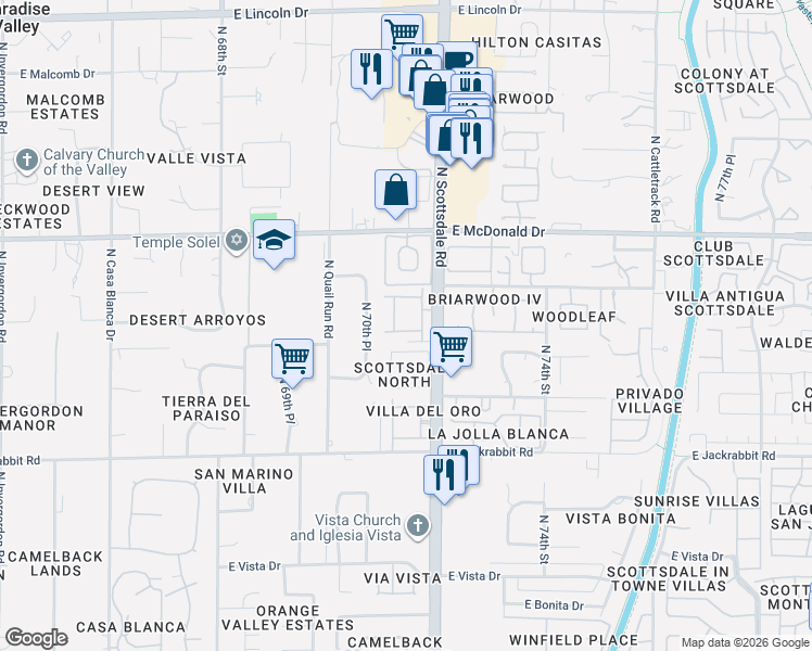 map of restaurants, bars, coffee shops, grocery stores, and more near 5734 North Scottsdale Road in Paradise Valley
