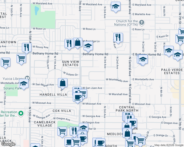 map of restaurants, bars, coffee shops, grocery stores, and more near 340 West Montebello Avenue in Phoenix