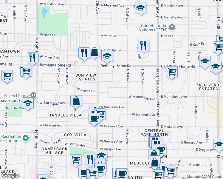 map of restaurants, bars, coffee shops, grocery stores, and more near 340 West Montebello Avenue in Phoenix