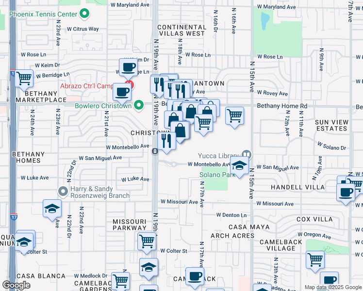 map of restaurants, bars, coffee shops, grocery stores, and more near 1844 W Montebello Ave in Phoenix