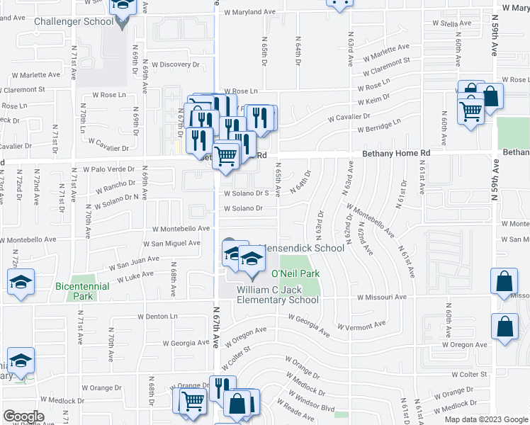 map of restaurants, bars, coffee shops, grocery stores, and more near 6524 West Montebello Avenue in Glendale