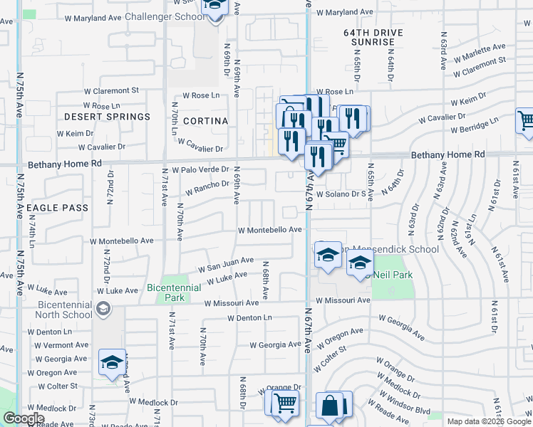 map of restaurants, bars, coffee shops, grocery stores, and more near 5712 North 68th Avenue in Glendale