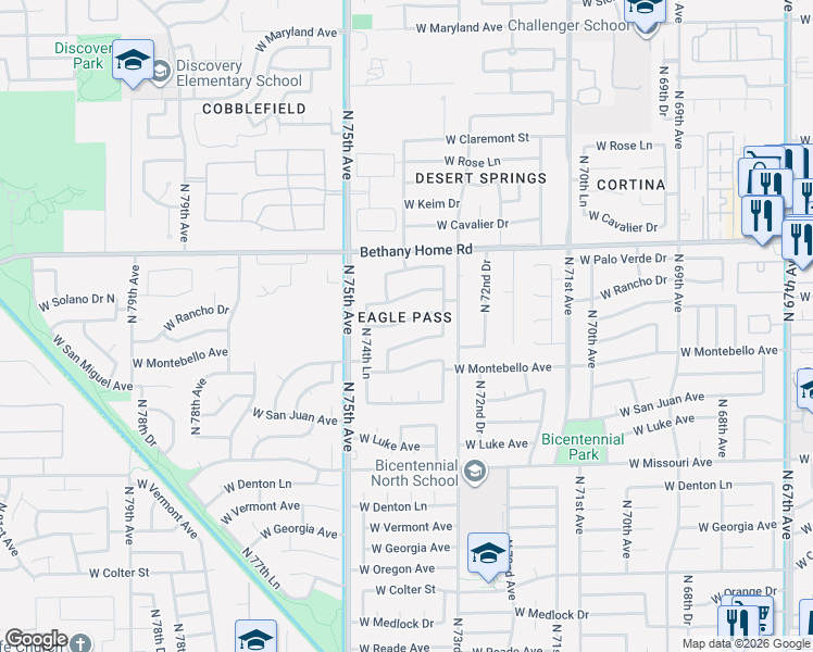 map of restaurants, bars, coffee shops, grocery stores, and more near 7391 West Solano Drive South in Glendale