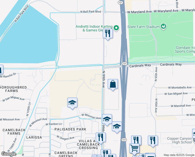 map of restaurants, bars, coffee shops, grocery stores, and more near 5616-5922 North 99th Avenue in Glendale