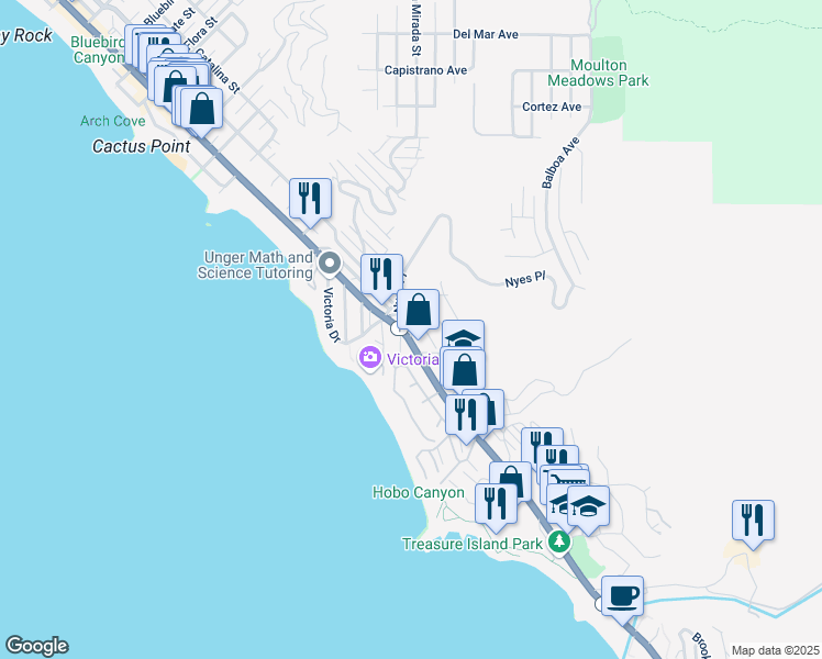 map of restaurants, bars, coffee shops, grocery stores, and more near 2979 Terry Road in Laguna Beach