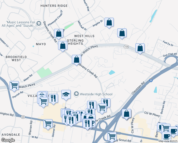 map of restaurants, bars, coffee shops, grocery stores, and more near 931 Stevens Creek Road in Augusta